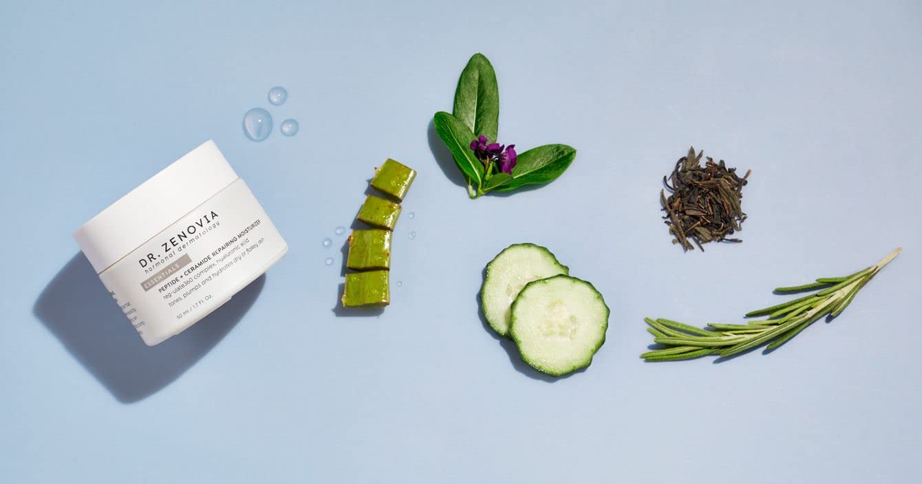 Dr. Zenovia skincare product with aloe vera, cucumber, and rosemary on a light blue background