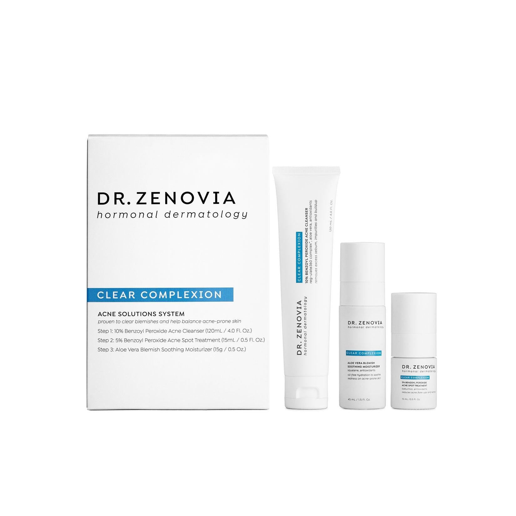Dr. Zenovia Acne Solutions System — clinical 3-step acne kit with benzoyl peroxide cleanser, spot treatment, and aloe vera moisturizer