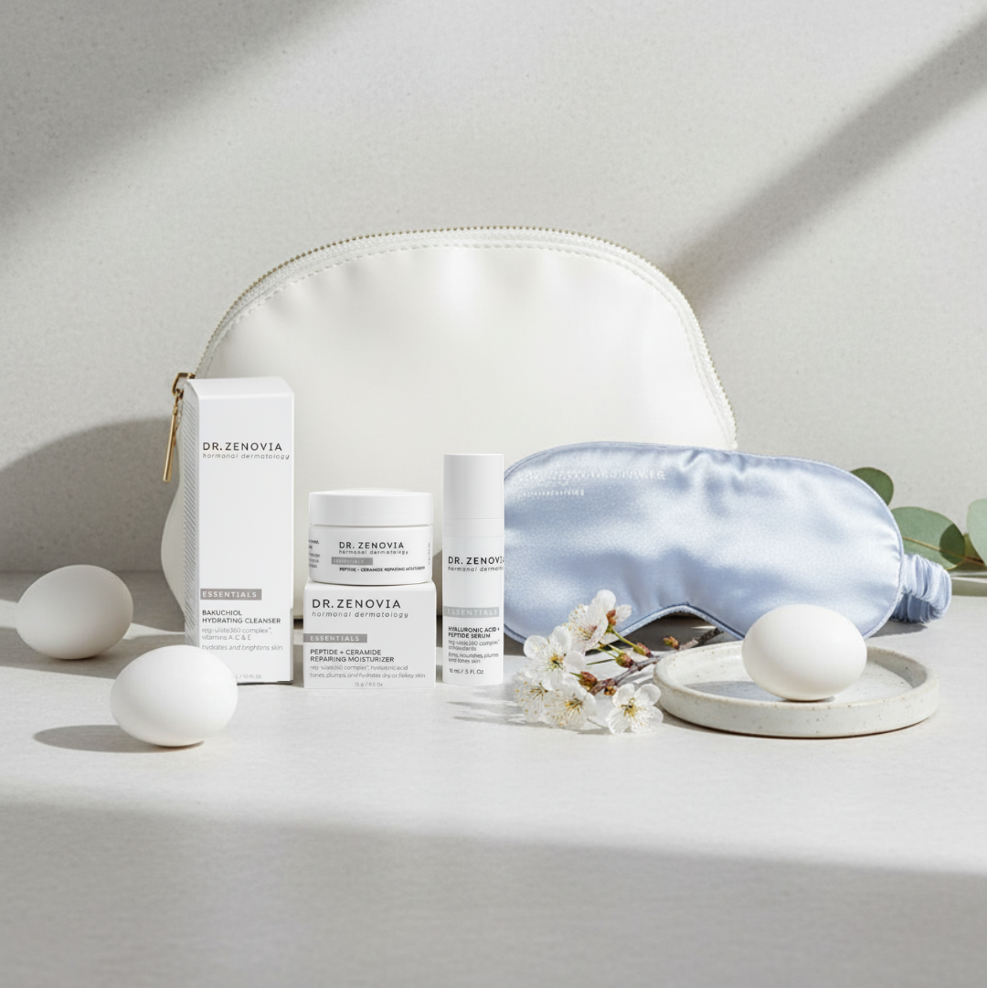 Dr. Zenovia skincare products with a white pouch and eye mask on a light surface.