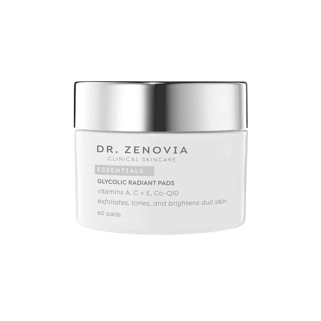 Dr. Zenovia Essentials Glycolic Radiant Pads with Vitamins A, C, E, and Co-Q10 – Exfoliating and brightening skincare treatment for dull skin (60 pads)