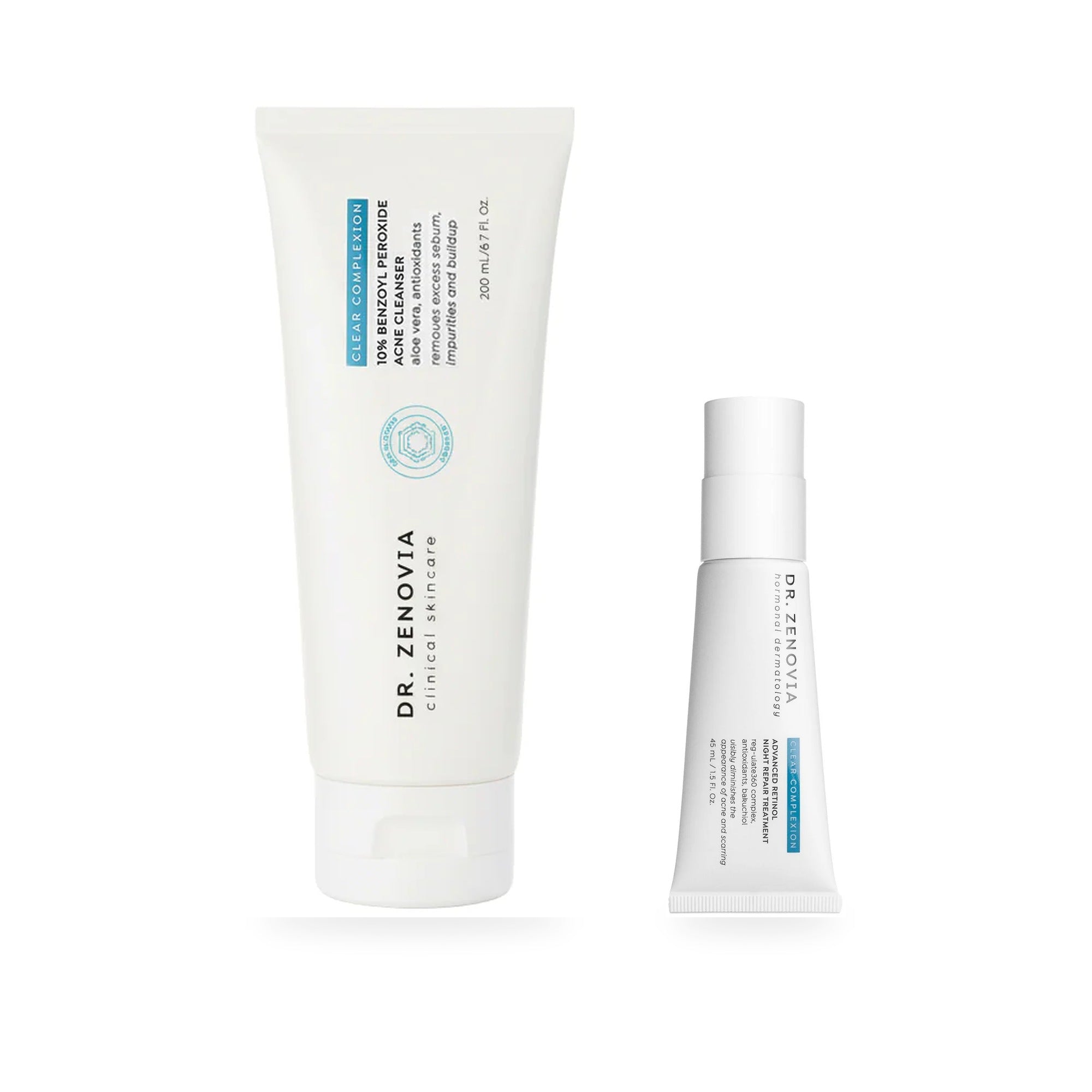 Dr. Zenovia Clear & Renew Duo - 10% Benzoyl Peroxide Acne Cleanser and Advanced Retinol Night Repair Treatment on a white background
