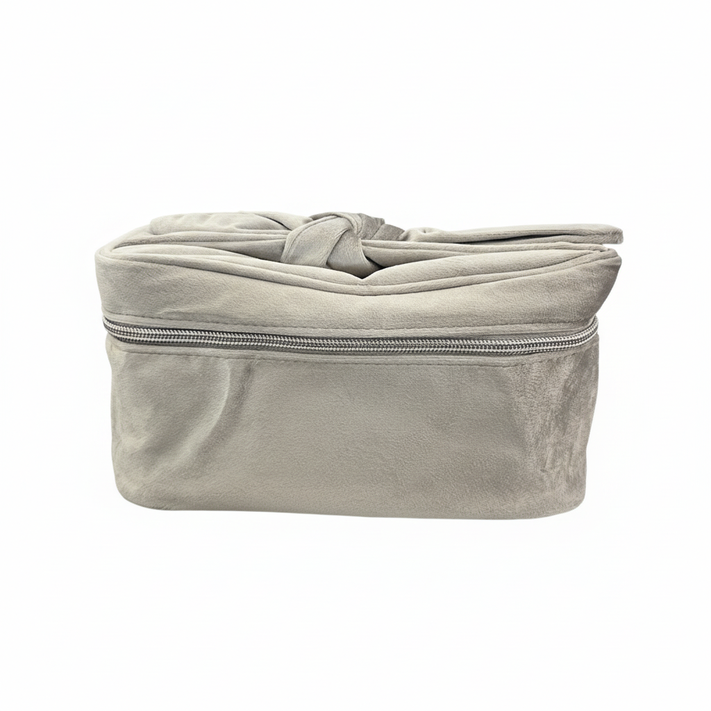 Gray fabric bag with a zipper on a white background