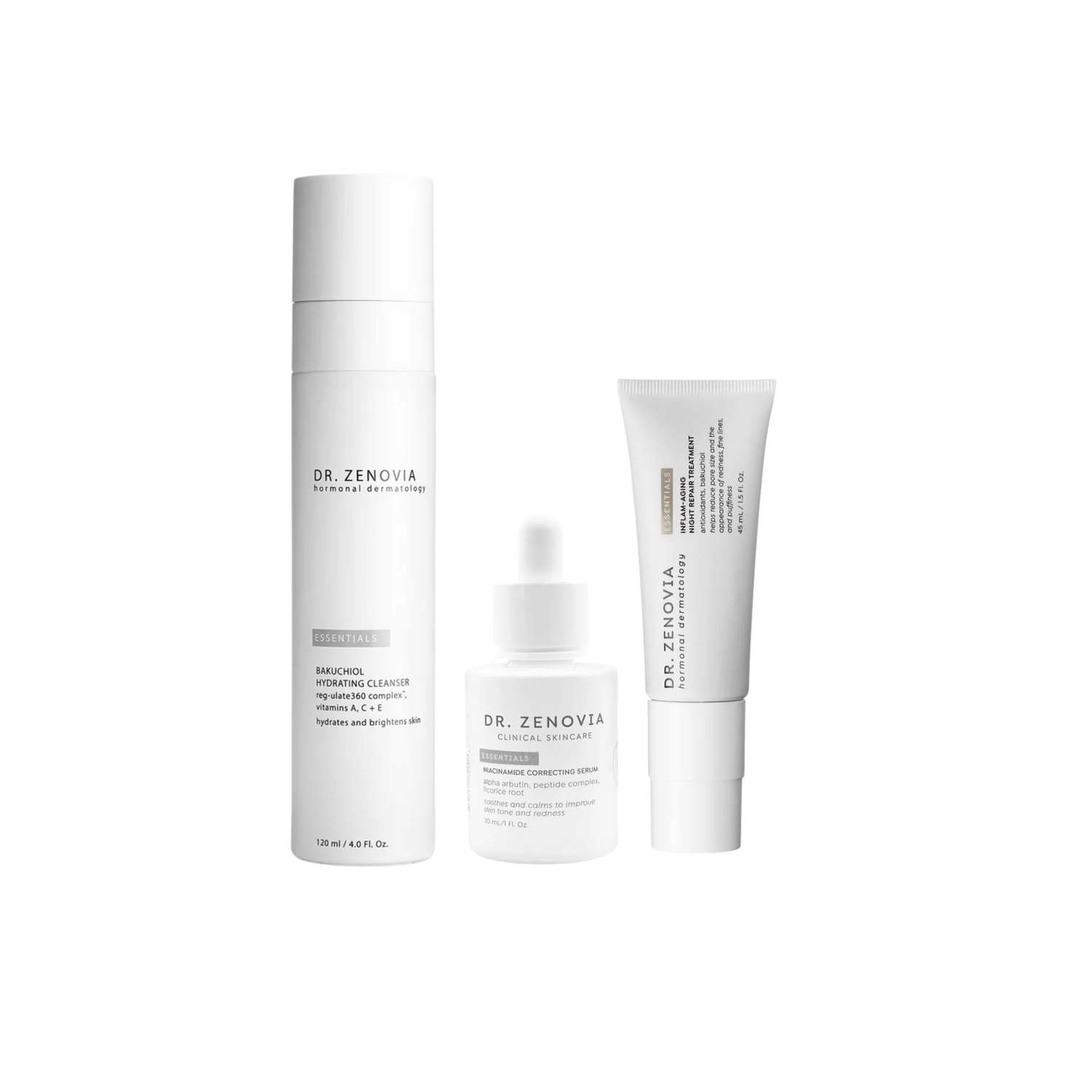 Three-step skincare system by Dr. Zenovia for redness relief and barrier support, including cleanser, serum, and night treatment.