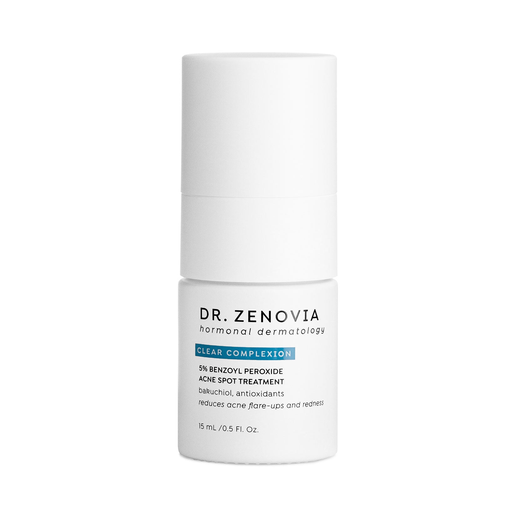 Front of Dr. Zenovia Benzoyl Peroxide Acne Spot Treatment bottle showing usage directions and clinical information
