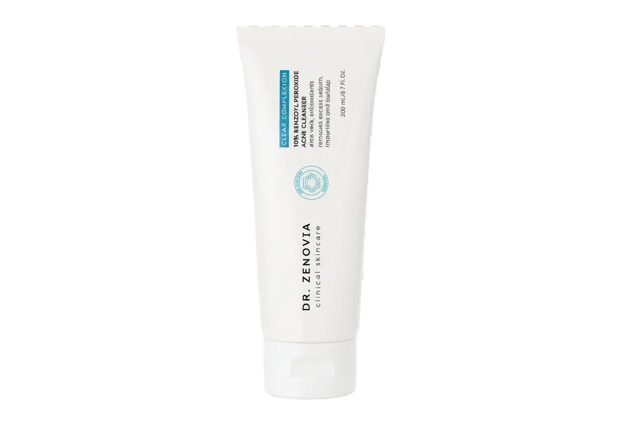 Dr. Zenovia 10% Benzoyl Peroxide Acne Cleanser in the new 6.7oz tube, displayed upright on a white background.