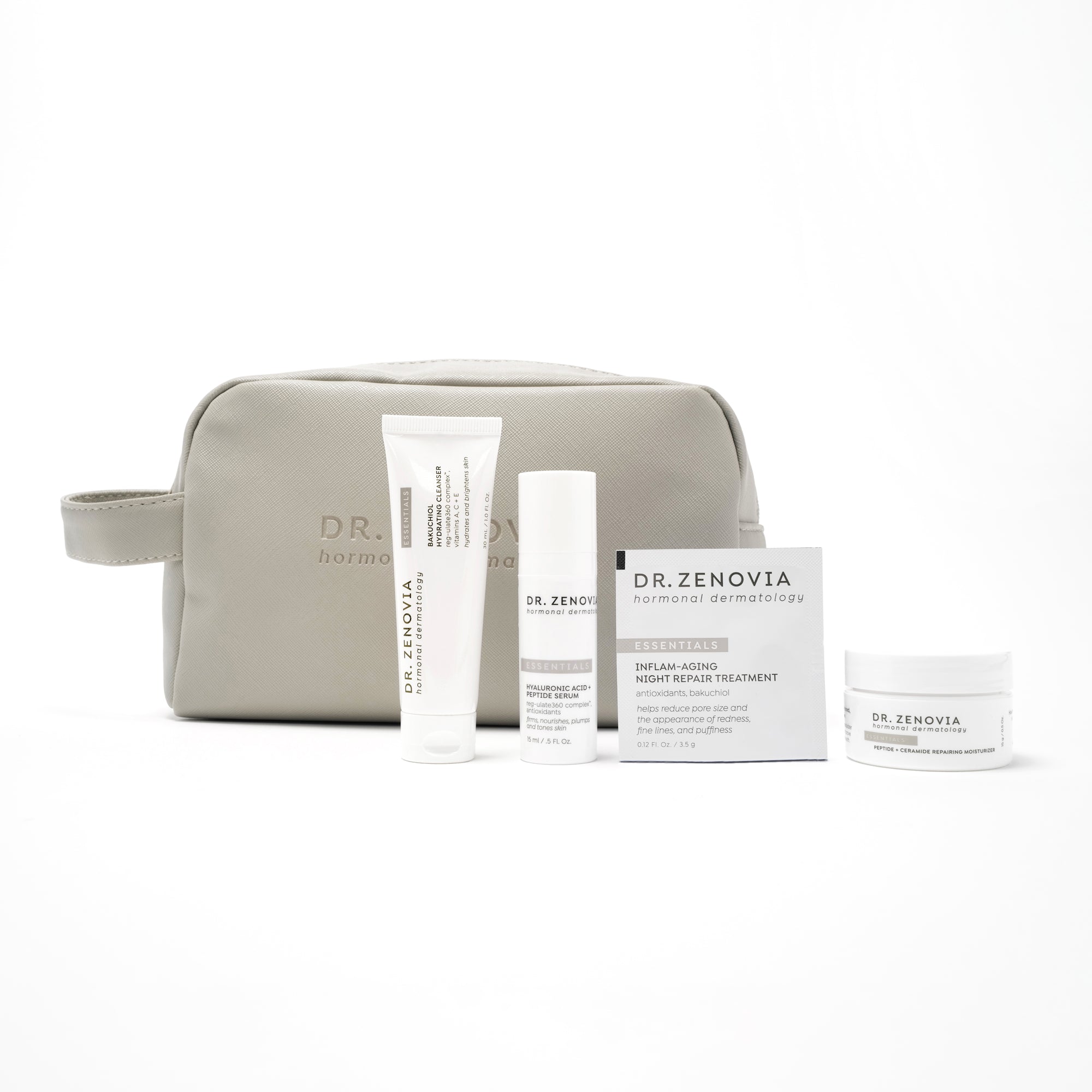 A skincare starter system by DR. ZENOVA, including a deluxe bakuchiol hydrating cleanser, hyaluronic acid + peptide serum, peptide + ceramide repairing moisturizer, and inflam-aging night repair treatment packets, all displayed with a grey carrying case.