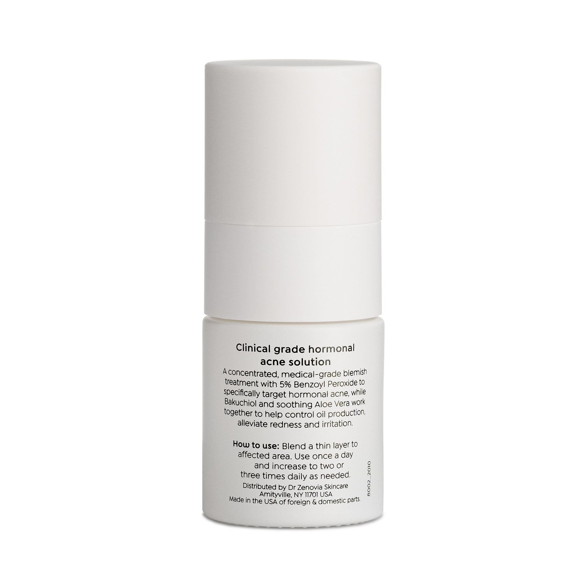 Back of Dr. Zenovia Benzoyl Peroxide Acne Spot Treatment bottle showing usage directions and clinical information