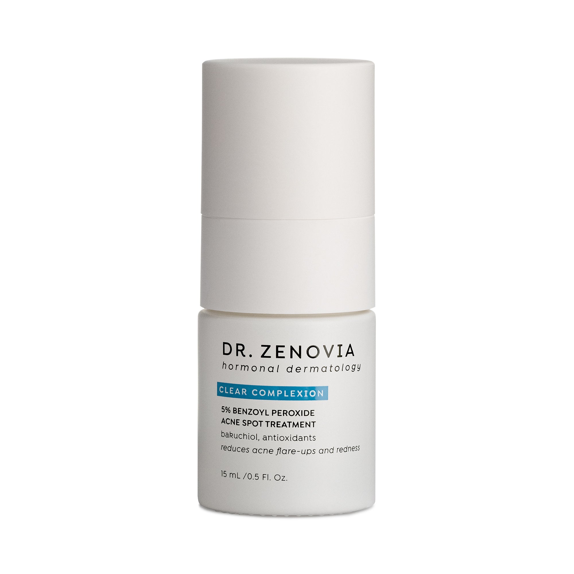 Front of Dr. Zenovia 5% Benzoyl Peroxide Acne Spot Treatment bottle on white background