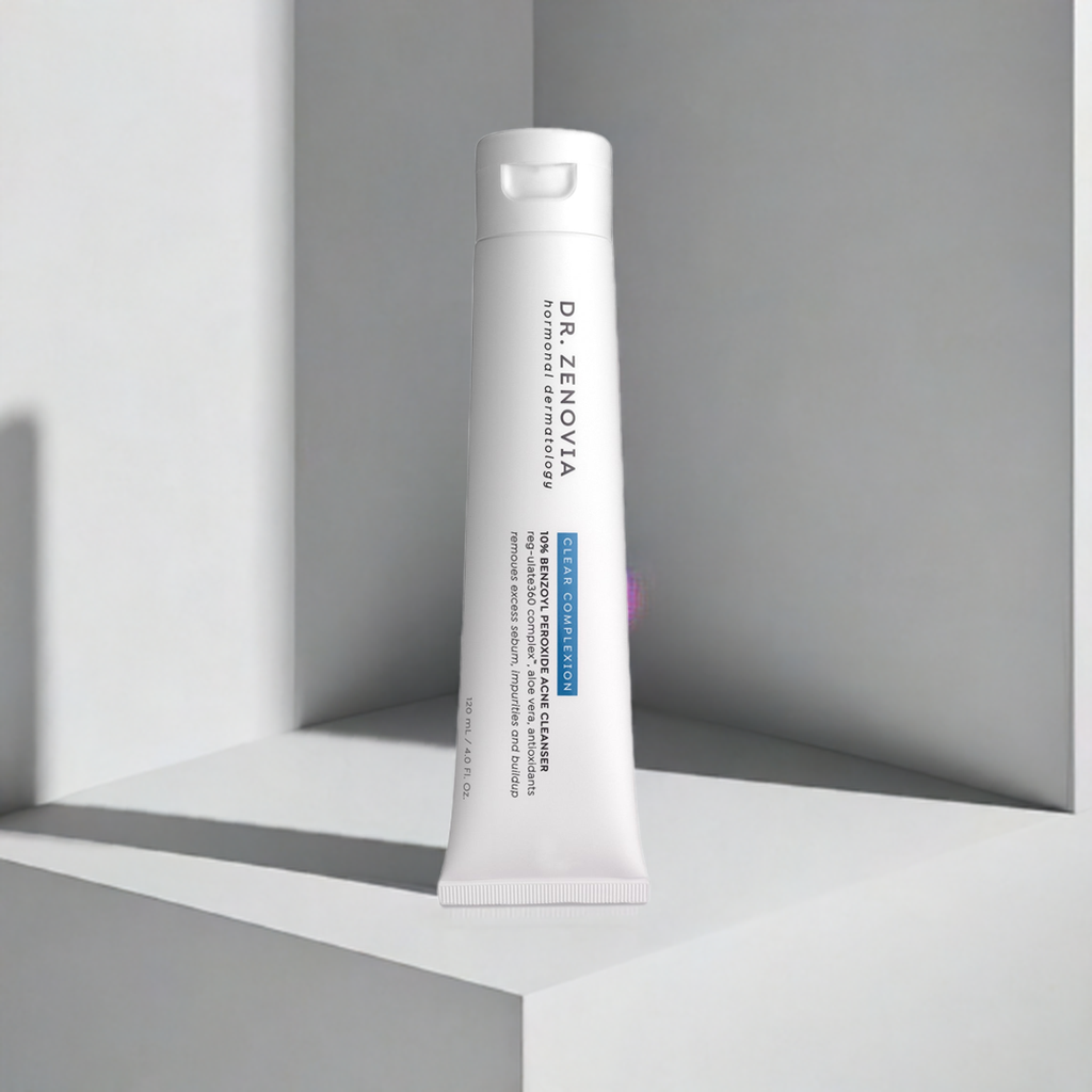 Dr. Zenovia Acne Cleanser tube in front of a white background with shadows