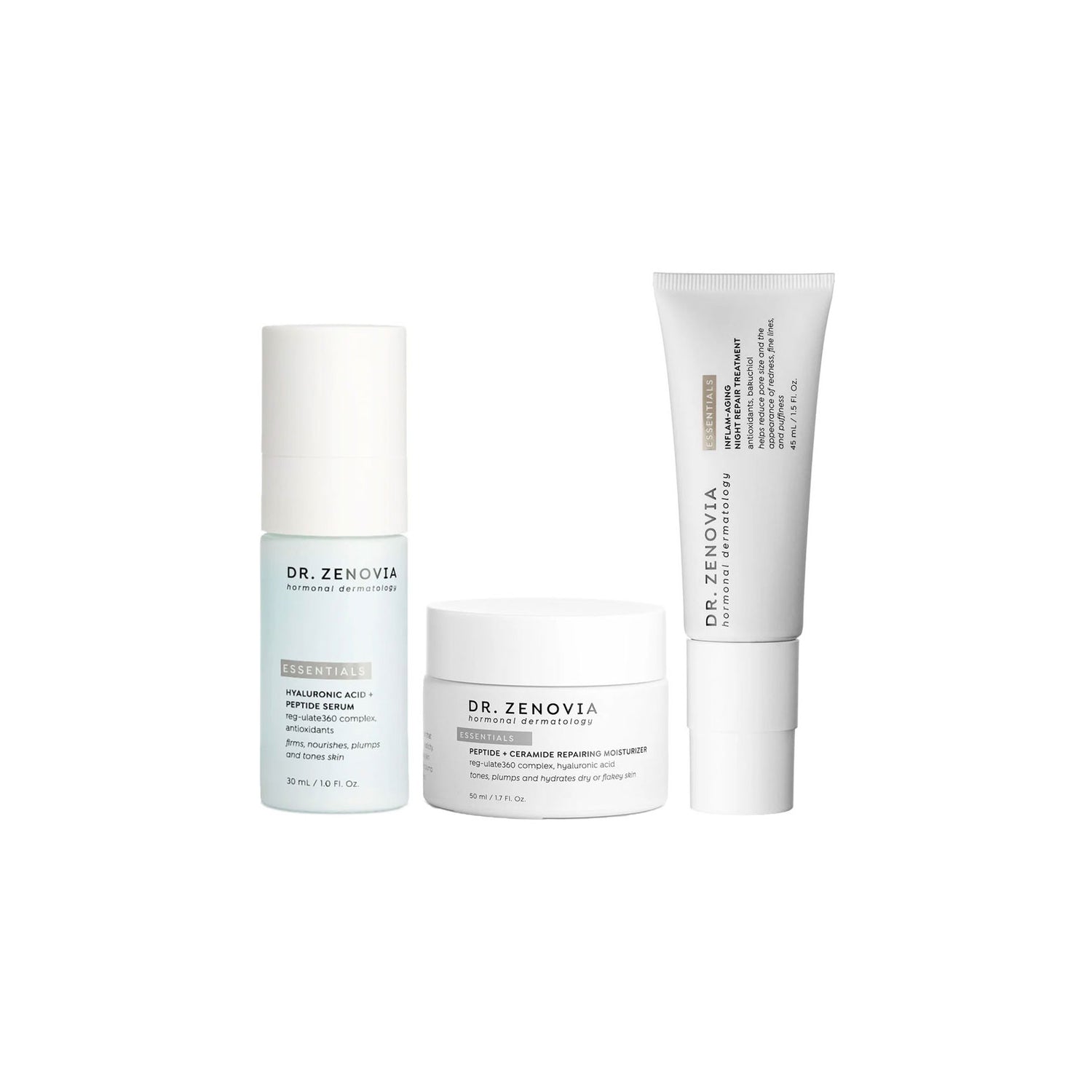 Dr. Zenovia skincare products on a white background, featuring Hyaluronic Acid + Peptide Serum, Peptide + Ceramide Repairing Moisturizer, and Inflam-Aging Night Repair Treatment in minimalist packaging.