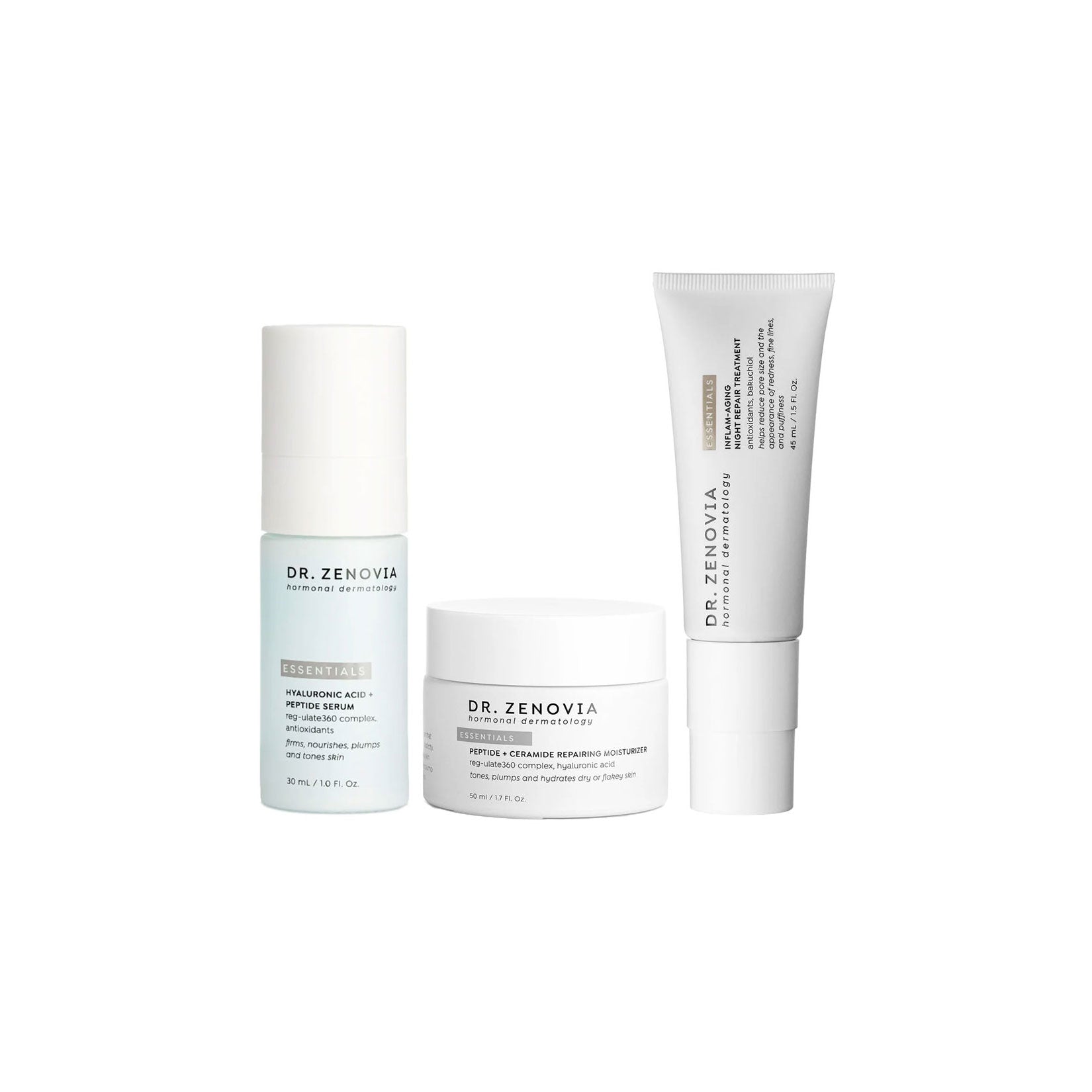 Dr. Zenovia skincare products on a white background, featuring Hyaluronic Acid + Peptide Serum, Peptide + Ceramide Repairing Moisturizer, and Inflam-Aging Night Repair Treatment in minimalist packaging.