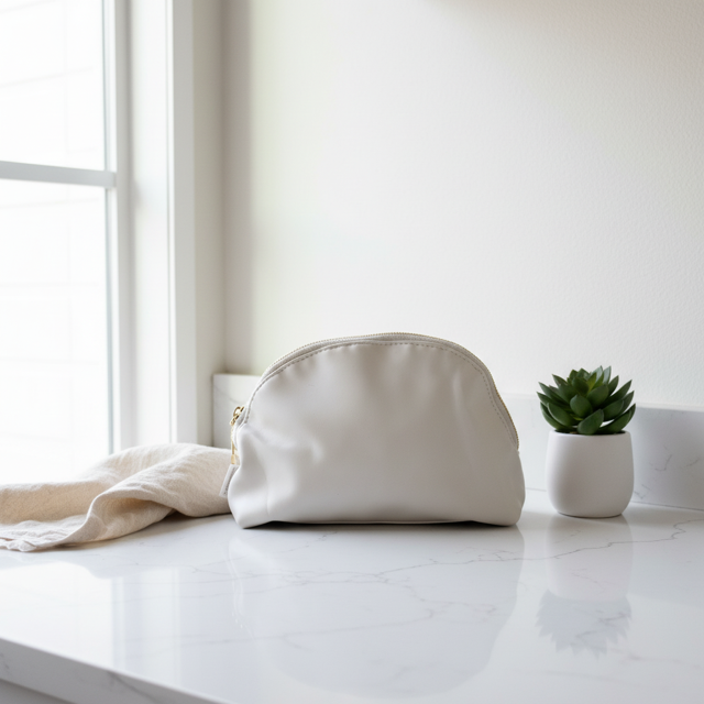Cream faux leather cosmetic bag with gold zipper displayed on white marble countertop with succulent plant and natural window light