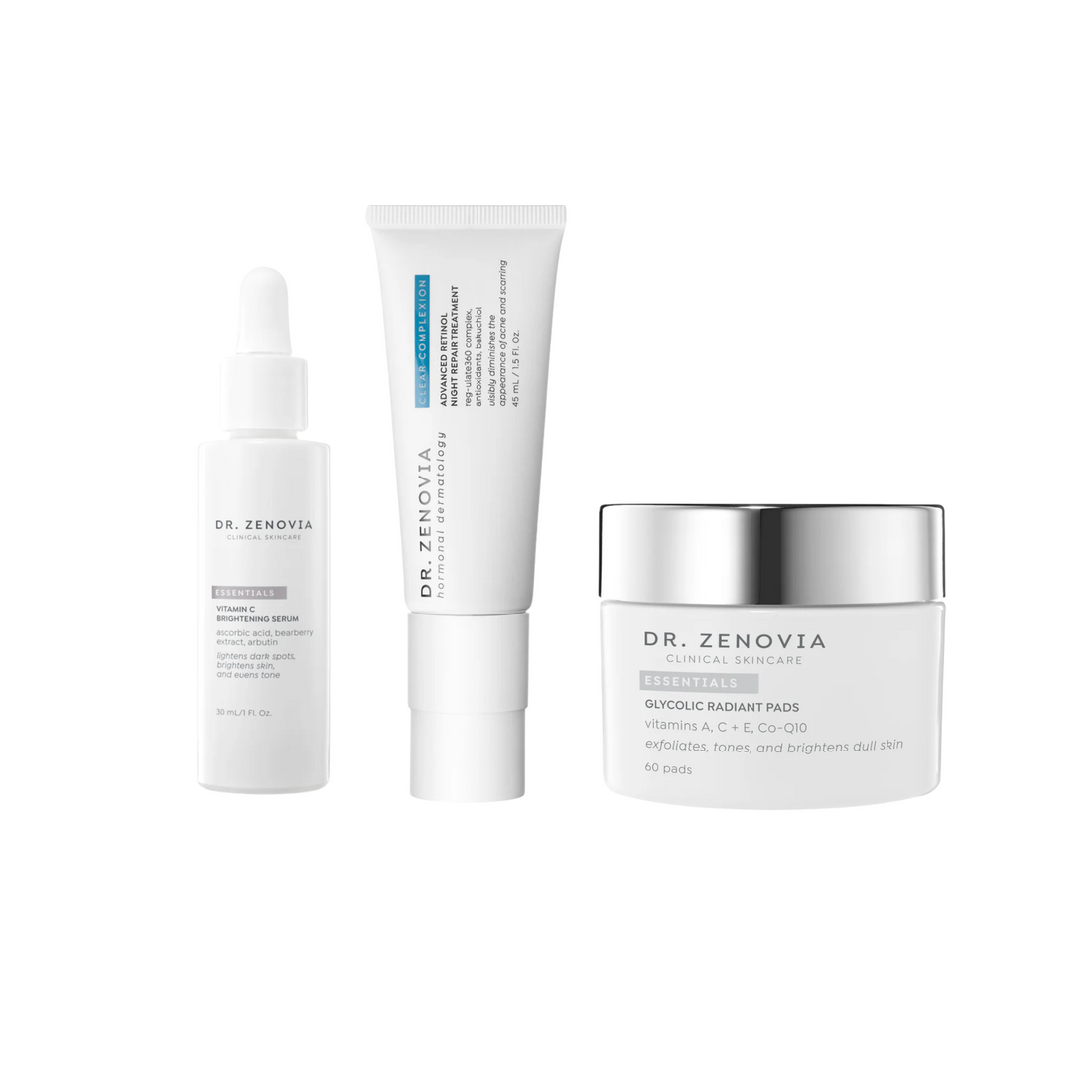 Dr. Zenovia Dark Spot Correcting Bundle with Vitamin C Brightening Serum, Glycolic Radiant Pads, and Retinol Night Treatment.