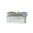 Gray fabric bag with decorative blue clasp on a white background
