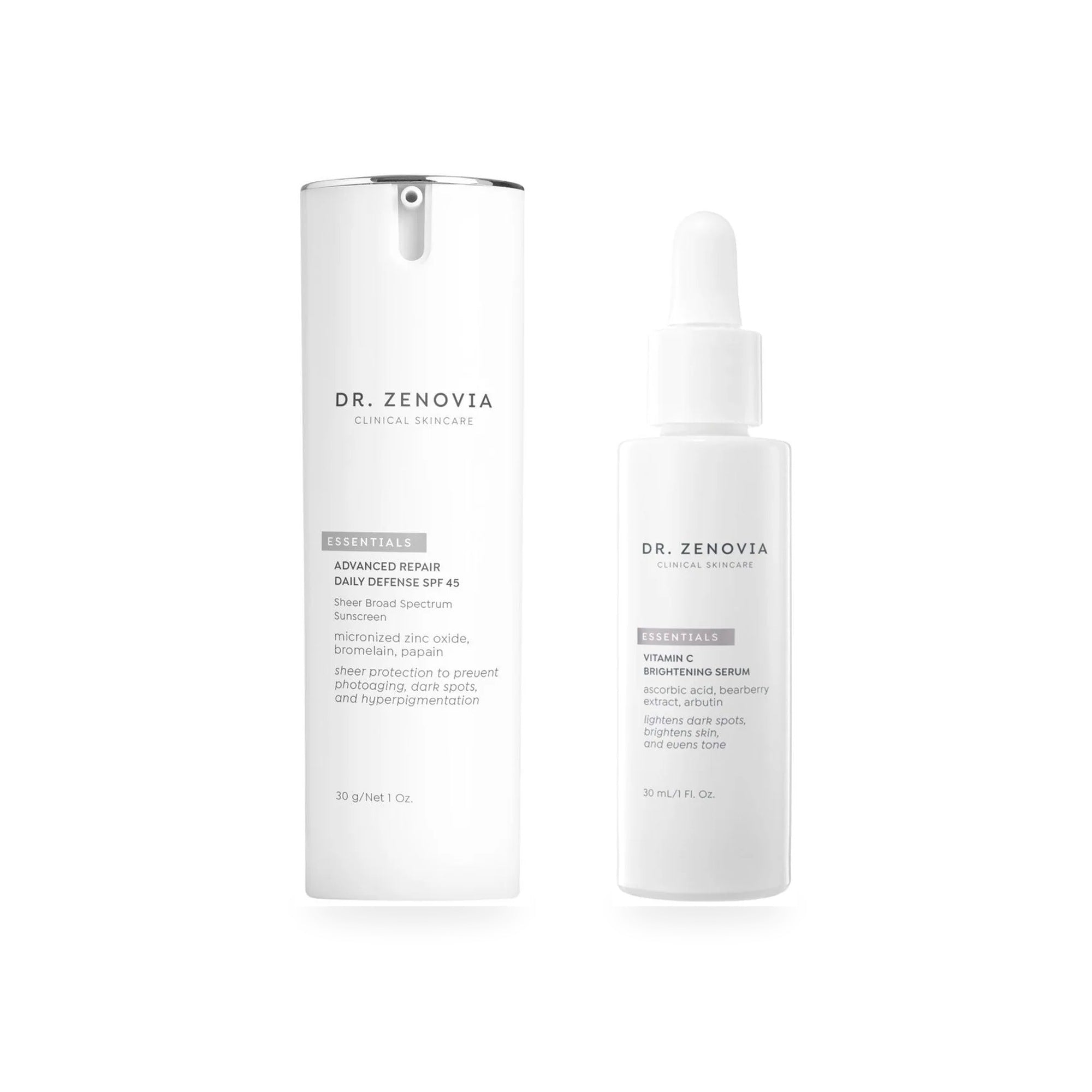 Dr. Zenovia Brighten &amp; Protect Duo - Vitamin C Brightening Serum and Advanced Repair Daily Defense SPF 45 bottles side by side on a white background