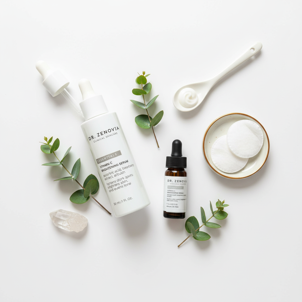 Skincare products with eucalyptus leaves on a white background