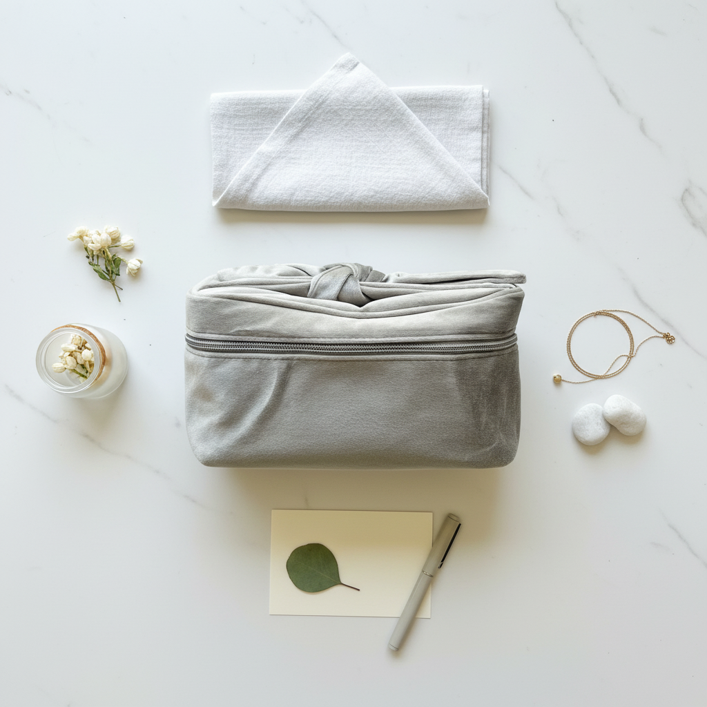 Gray fabric bag on a white surface with a pen, card, and small plant.
