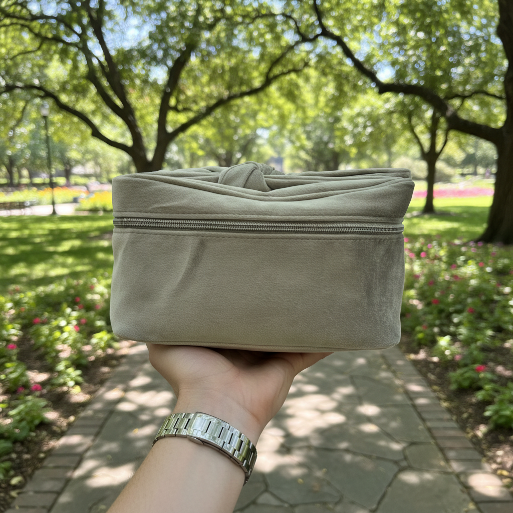 Beige fabric pouch held in front of a park with green trees and flowers.