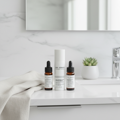 Dr. Zenovia skincare products on a bathroom counter with a mirror in the background