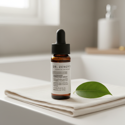 Mini Dr. Zenovia Niacinamide serum bottle on a white surface with a green leaf