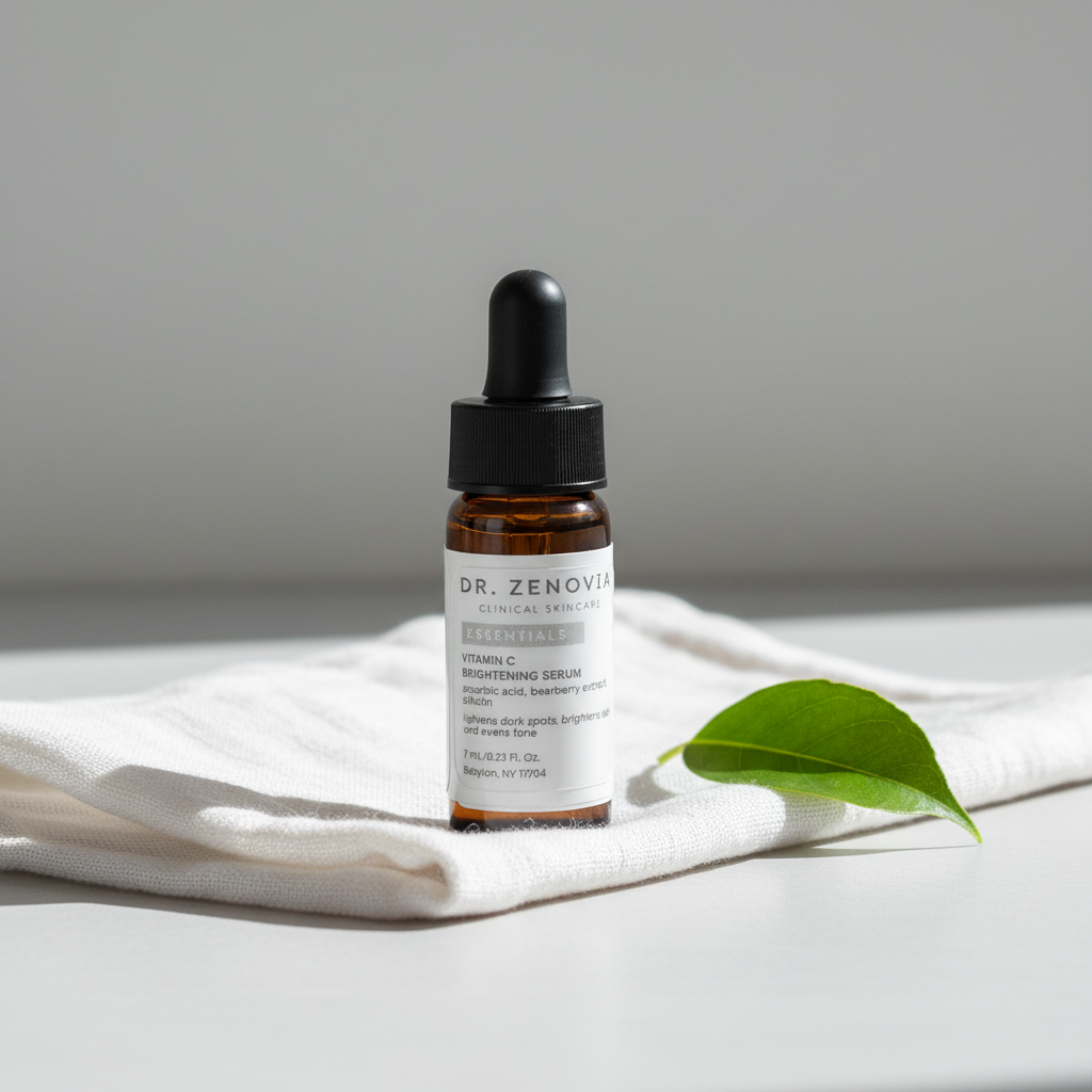 Dr. Zenovia Vitamin C Brightening Serum mini bottle on white cloth with green leaf, brightening skincare for dark spots and dullness
