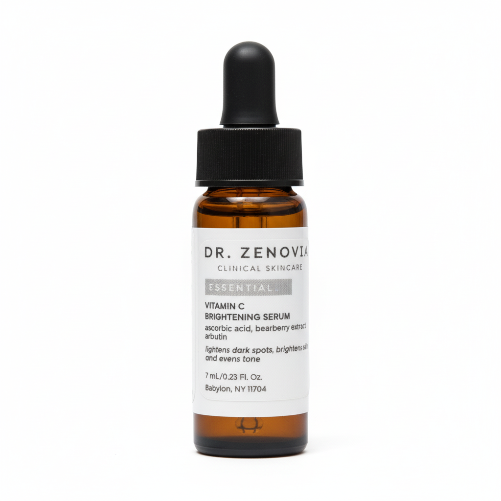 Dr. Zenovia Vitamin C Brightening Serum mini bottle product photo on white background, dermatologist-developed brightening treatment