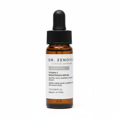 Dr. Zenovia Vitamin C Brightening Serum mini bottle product photo on white background, dermatologist-developed brightening treatment