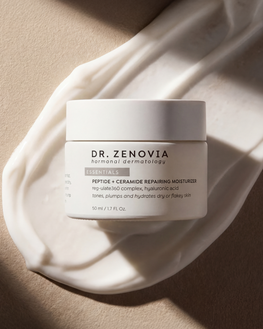 Dr. Zenovia skincare jar on a beige background