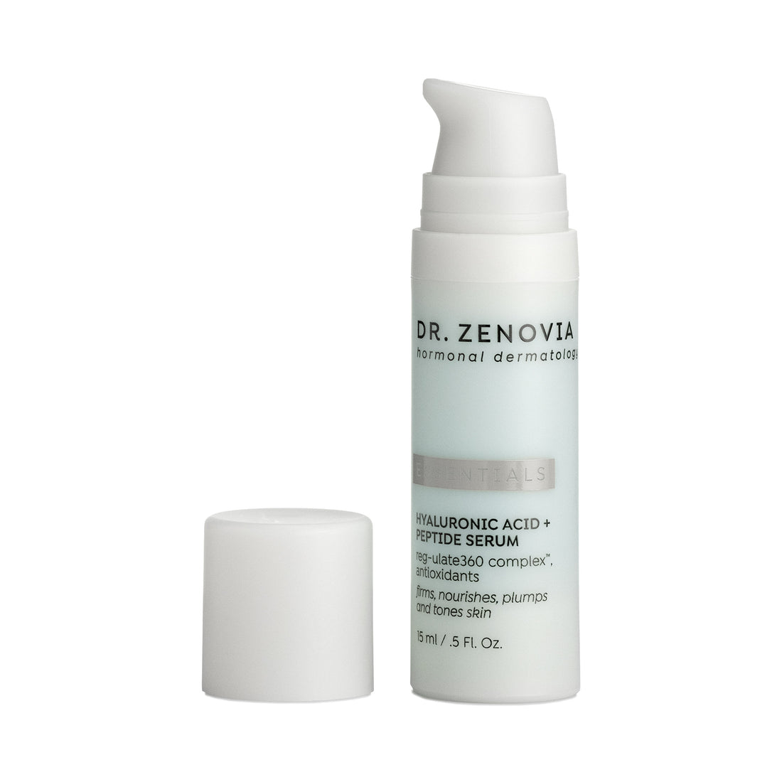 Dr. Zenovia Mini Hyaluronic Acid + Peptide Serum with lid removed, displaying pump applicator