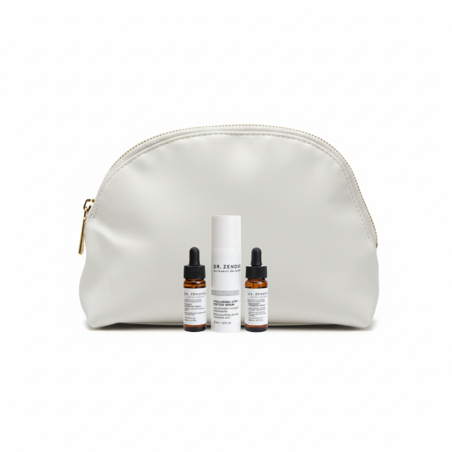 Cream cosmetic pouch with skincare products on a white background