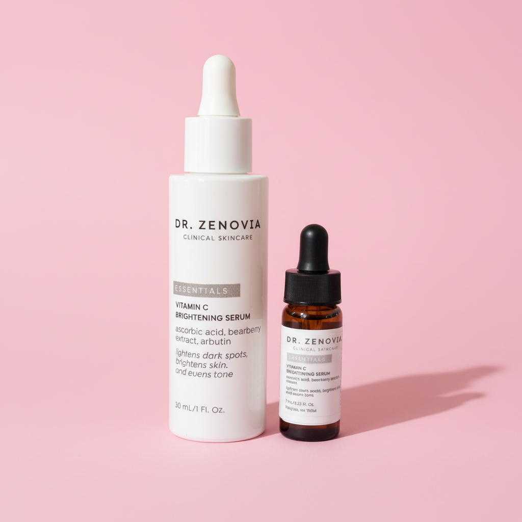 Dr. Zenovia Vitamin C Brightening Serum full-size and mini bottle on pink background, skincare for dark spots and uneven tone