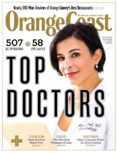Orange Coast magazine cover featuring a woman in a white coat with text about top doctors.