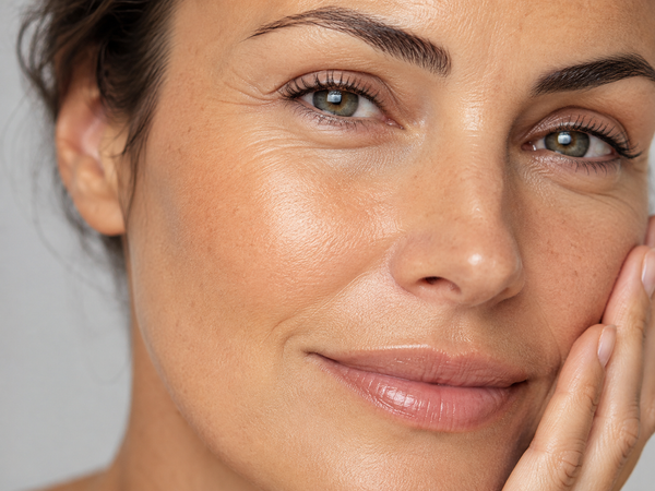 Close-up of a woman's face with smooth, radiant skin, showcasing natural makeup and clear eyes against a soft gray background.