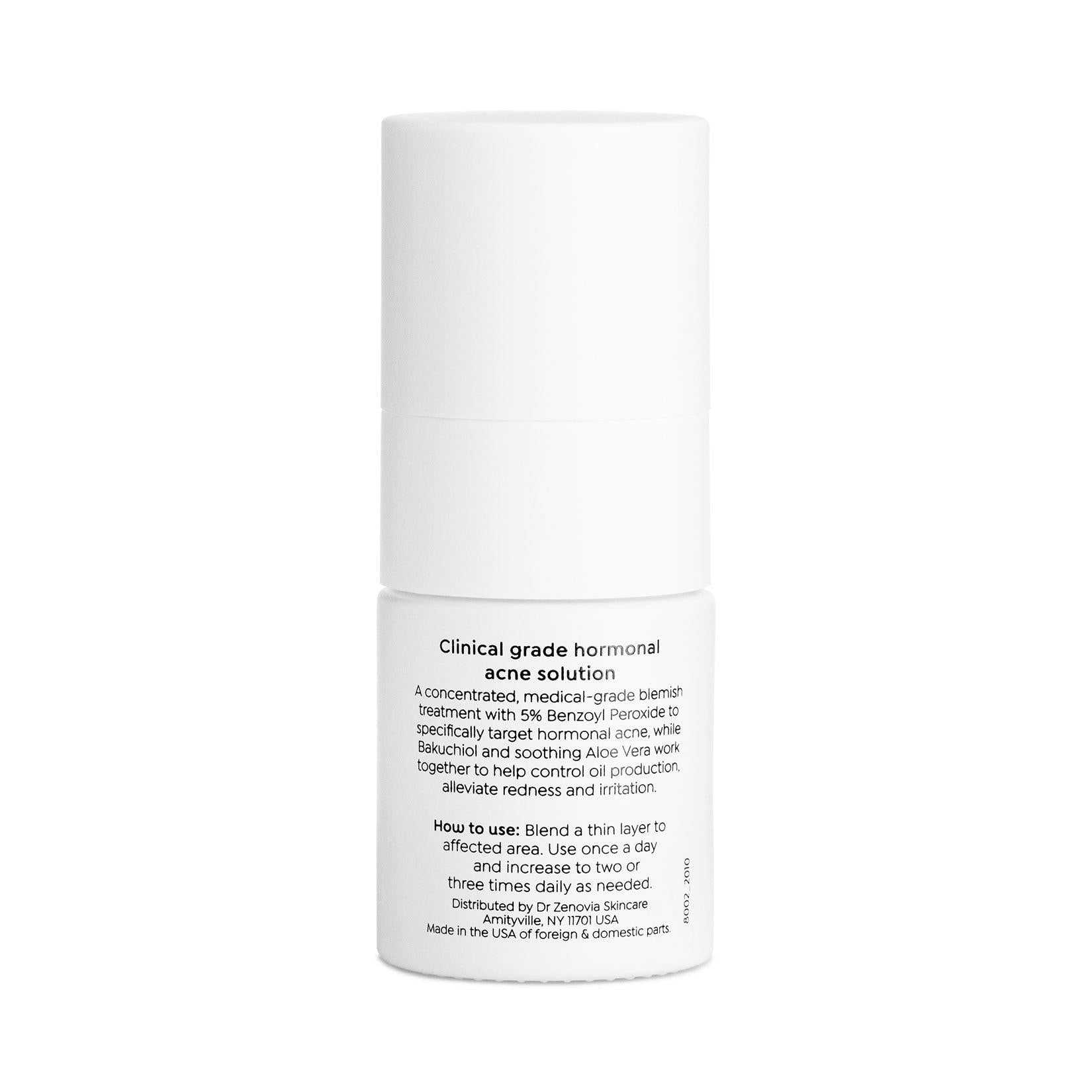 Back of Dr. Zenovia Benzoyl Peroxide Acne Spot Treatment bottle showing usage directions and clinical information