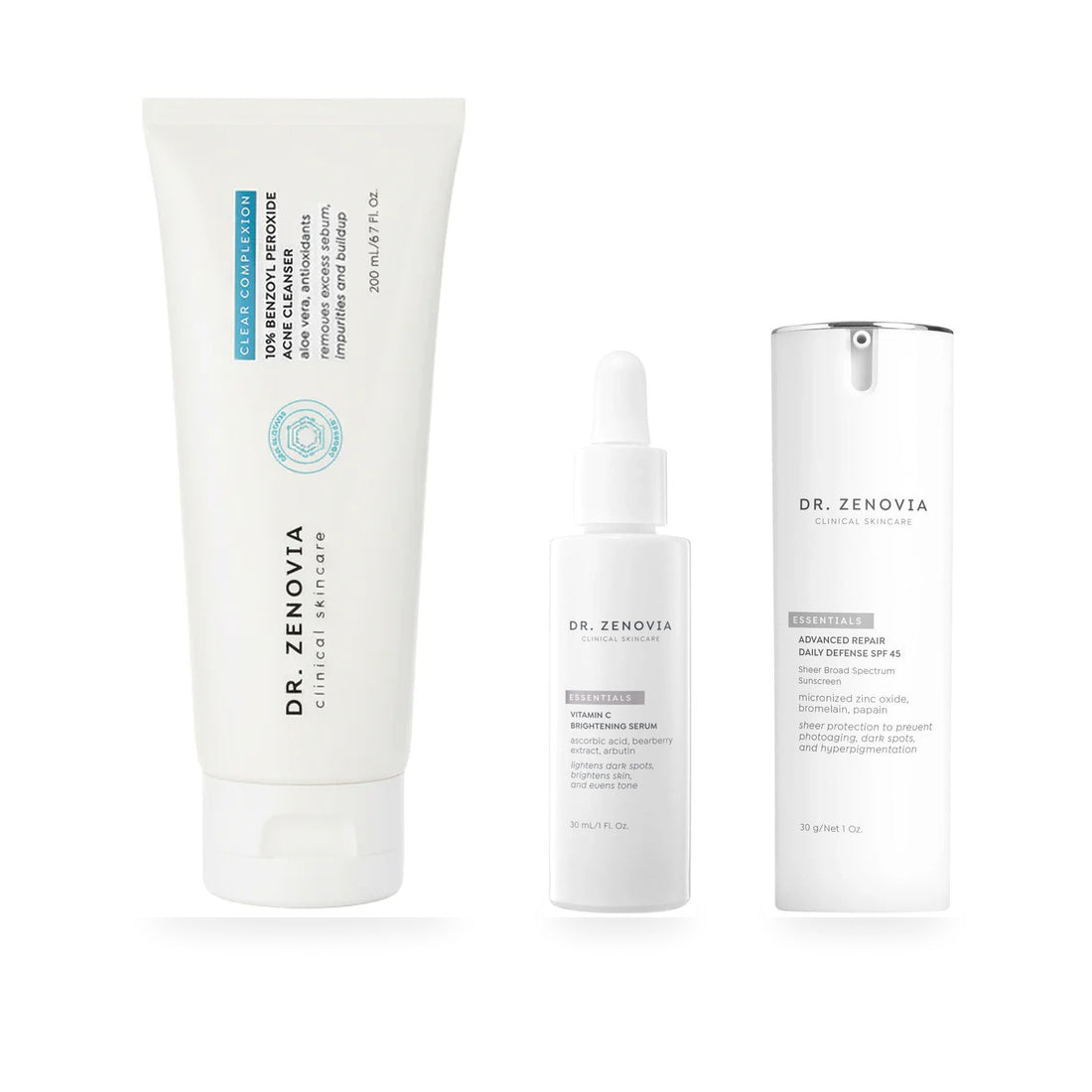 Dr. Zenovia Clear &amp; Even Trio - 10% Benzoyl Peroxide Acne Cleanser, Vitamin C Brightening Serum, and Advanced Repair Daily Defense SPF 45 on a white background