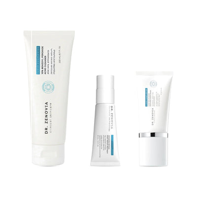 Dr. Zenovia Adult Acne Trio adult acne bundle - 10% Benzoyl Peroxide Acne Cleanser, Advanced Retinol Night Repair Treatment and Aloe Vera Blemish Soothing Moisturizer on a white background