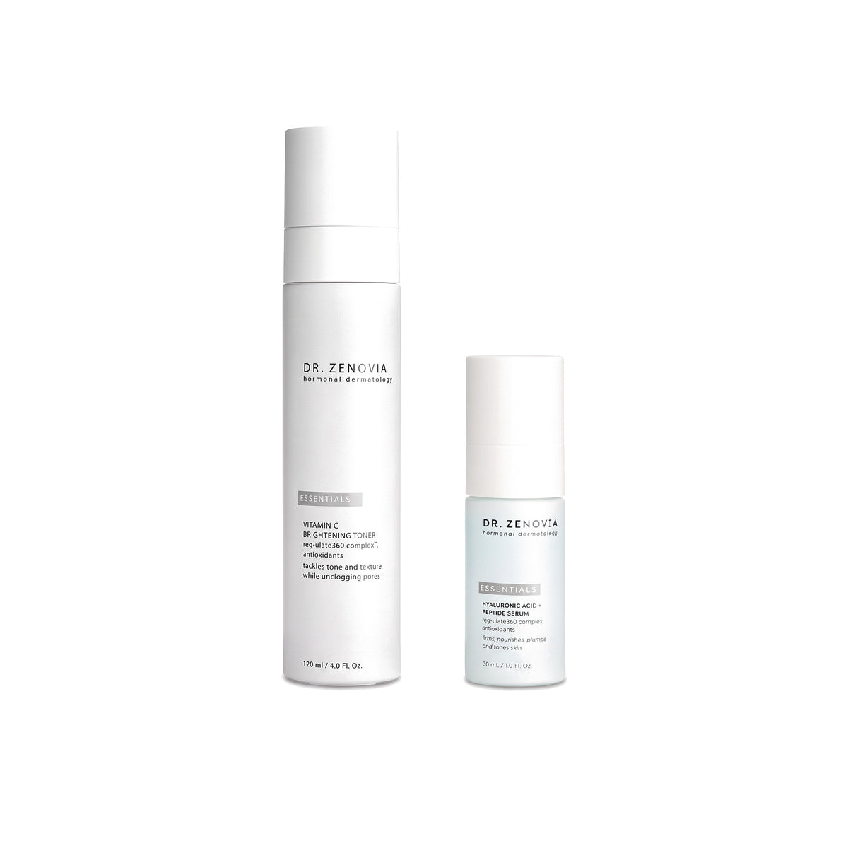 Dr. Zenovia AM Hydration Duo morning hydration bundle - Vitamin C Brightening Toner and Hyaluronic Acid + Peptide Serum on a white background