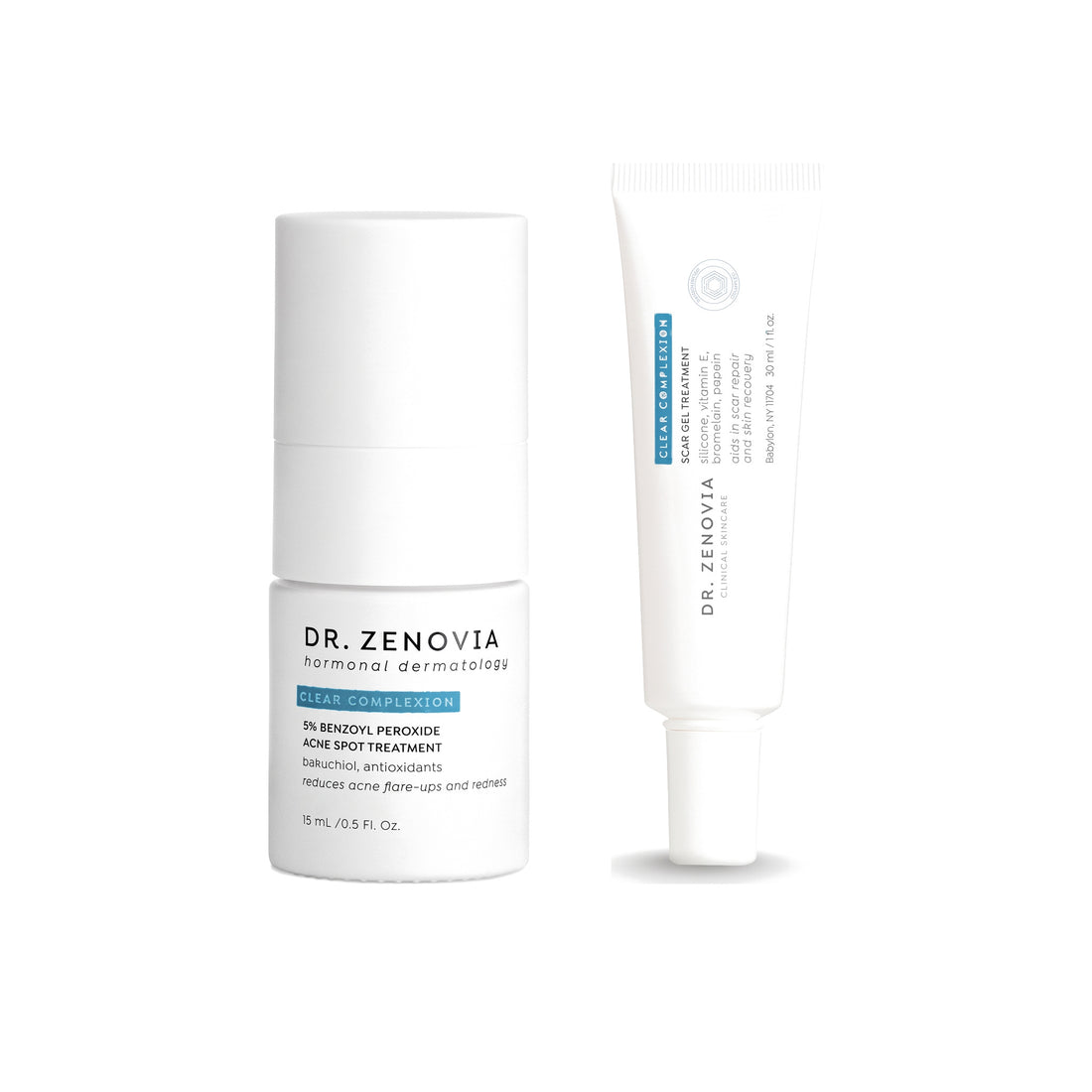 Dr. Zenovia Breakout &amp; Mark Duo acne and scar bundle - 5% Benzoyl Peroxide Acne Spot Treatment and Scar Gel Treatment on a white background