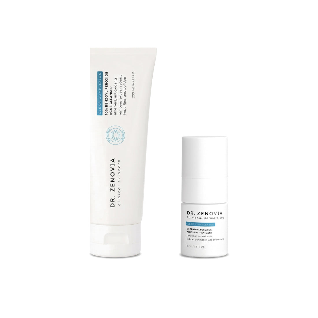 Dr. Zenovia Breakout Control Duo acne bundle - 10% Benzoyl Peroxide Acne Cleanser and 5% Benzoyl Peroxide Acne Spot Treatment on a white background