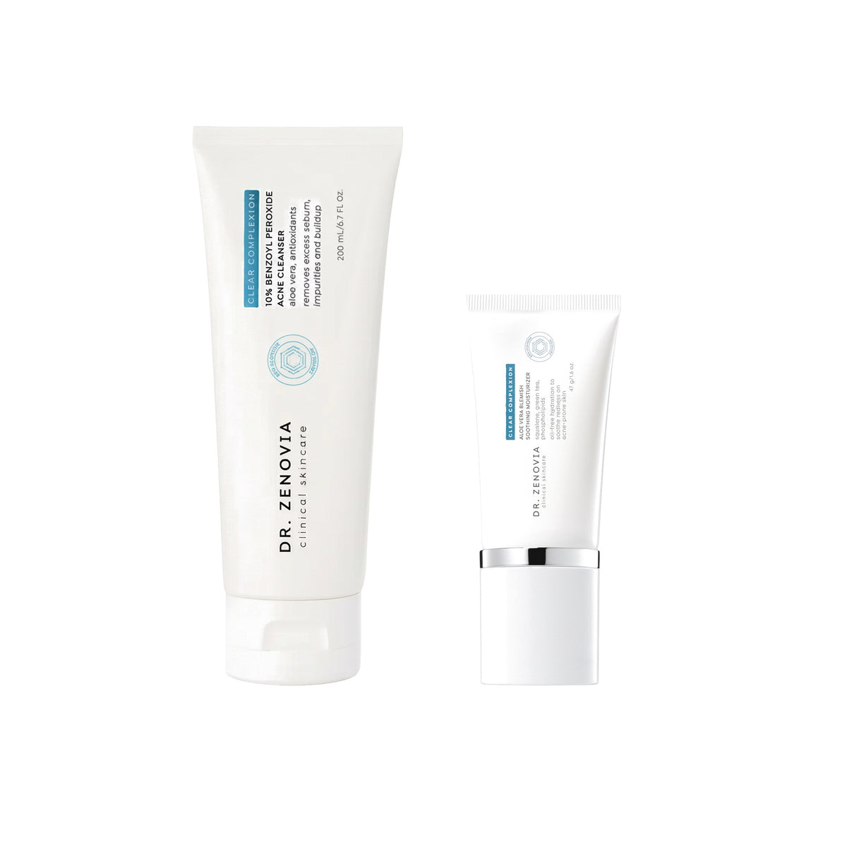 Dr. Zenovia Clear &amp; Calm Duo acne bundle - 10% Benzoyl Peroxide Acne Cleanser and Aloe Vera Blemish Soothing Moisturizer on a white background