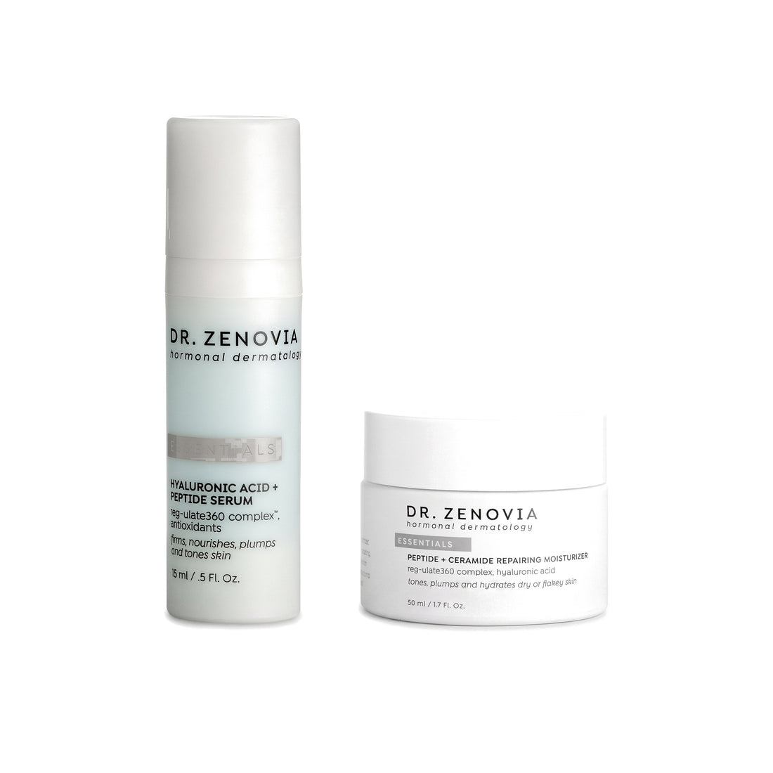 Dr. Zenovia Hydration Minis Duo travel-size hydration bundle - Mini Hyaluronic Acid + Peptide Serum and Mini Peptide + Ceramide Repairing Moisturizer on a white background