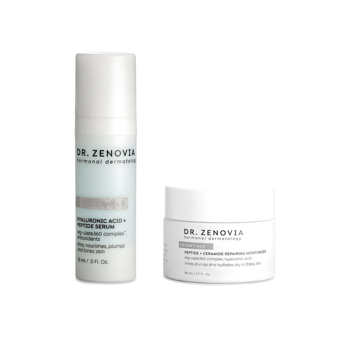 Dr. Zenovia Hydration Minis Duo travel-size hydration bundle - Mini Hyaluronic Acid + Peptide Serum and Mini Peptide + Ceramide Repairing Moisturizer on a white background