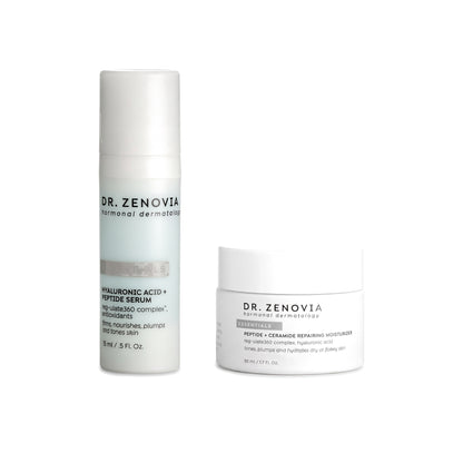 Dr. Zenovia Hydration Minis Duo travel-size hydration bundle - Mini Hyaluronic Acid + Peptide Serum and Mini Peptide + Ceramide Repairing Moisturizer on a white background