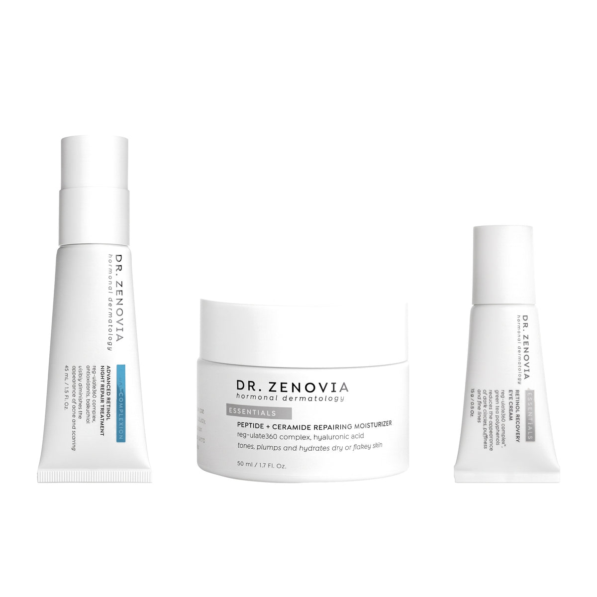Dr. Zenovia Night Repair Trio anti-aging night bundle - Advanced Retinol Night Repair Treatment, Peptide + Ceramide Repairing Moisturizer and Retinol Recovery Eye Cream on a white background