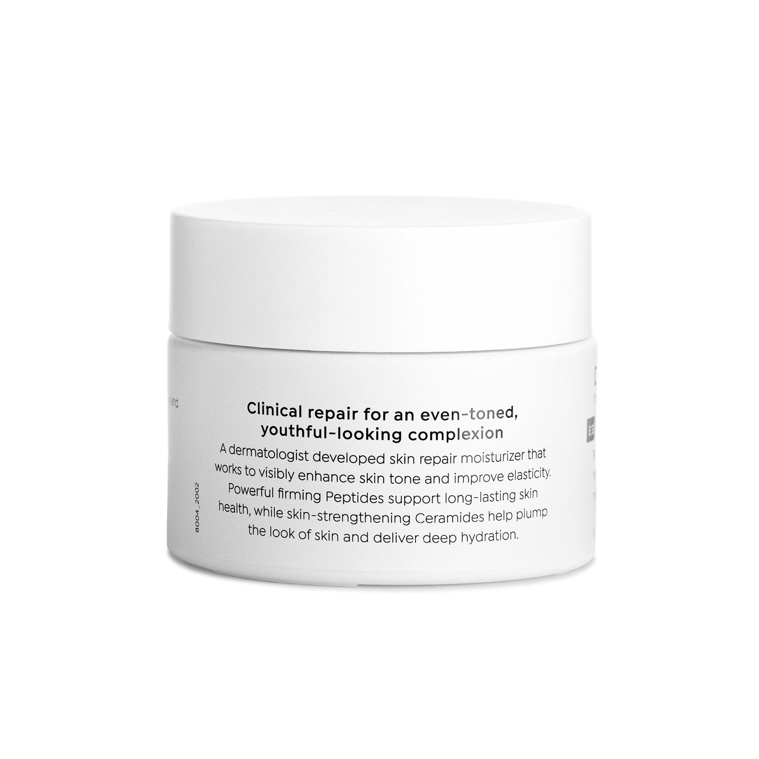 White skincare container with text on a white background