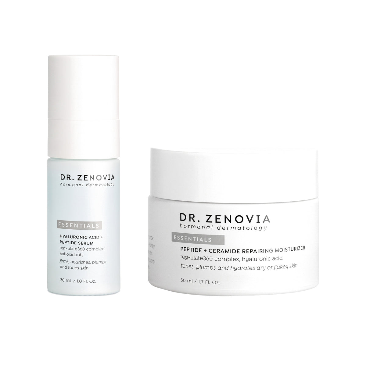 Dr. Zenovia Plump &amp; Repair Duo anti-aging hydration bundle - Hyaluronic Acid + Peptide Serum and Peptide + Ceramide Repairing Moisturizer on a white background