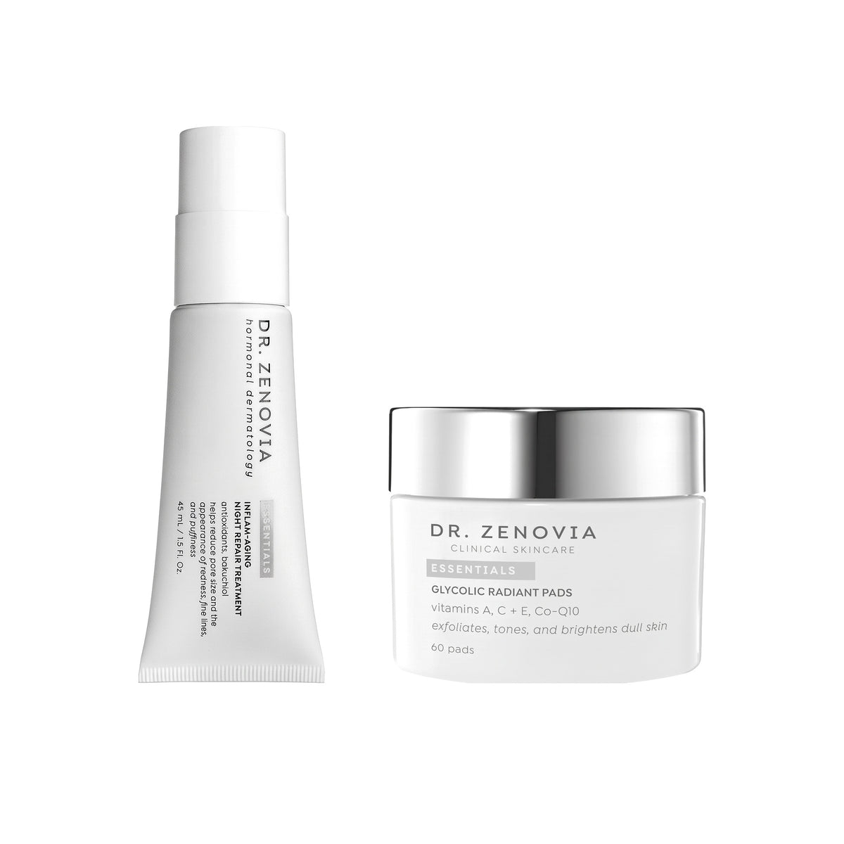 Dr. Zenovia Pore &amp; Texture Duo pore and texture bundle - Inflam-aging Night Repair Treatment and Glycolic Radiant Pads on a white background
