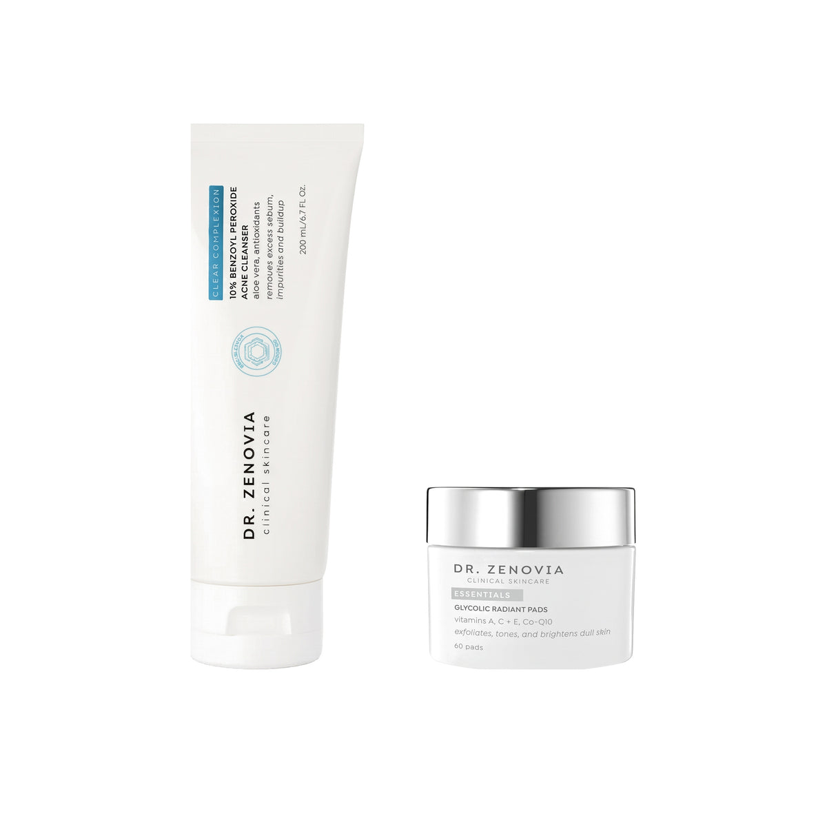 Dr. Zenovia Pore Reset Duo acne and pore bundle - 10% Benzoyl Peroxide Acne Cleanser and Glycolic Radiant Pads on a white background