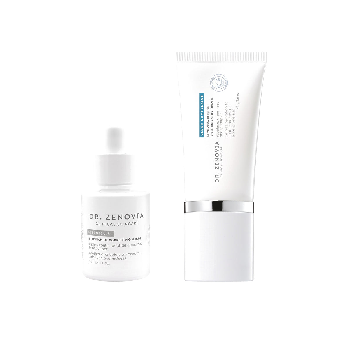 Dr. Zenovia Redness Relief Duo redness relief bundle - Niacinamide Correcting Serum and Aloe Vera Blemish Soothing Moisturizer on a white background