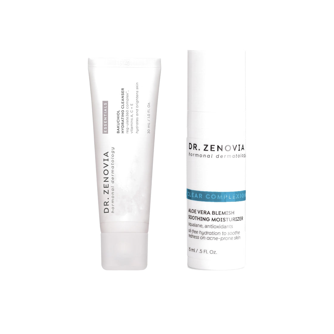 Dr. Zenovia Sensitive Minis Duo travel-size sensitive skin bundle - Mini Bakuchiol Hydrating Cleanser and Mini Aloe Vera Blemish Soothing Moisturizer on a white background